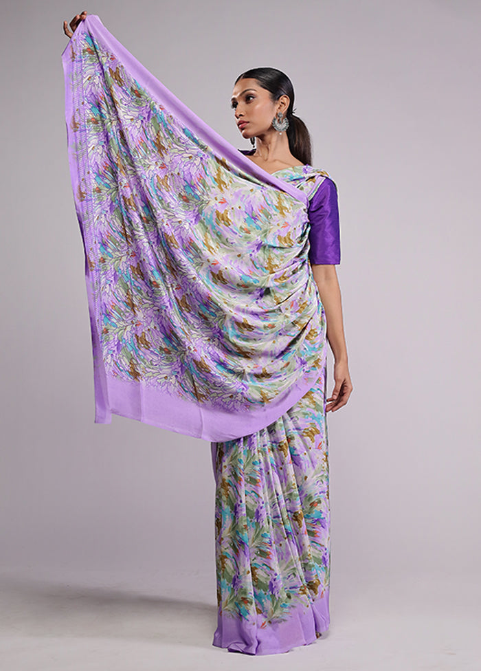 Purple Printed Silk Saree Without Blouse Piece