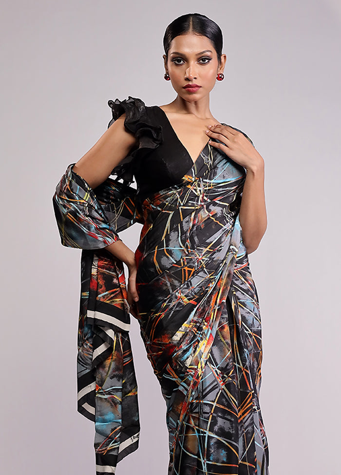 Black Printed Silk Saree Without Blouse Piece