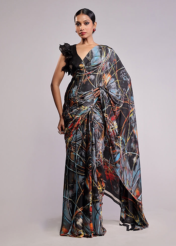 Black Printed Silk Saree Without Blouse Piece