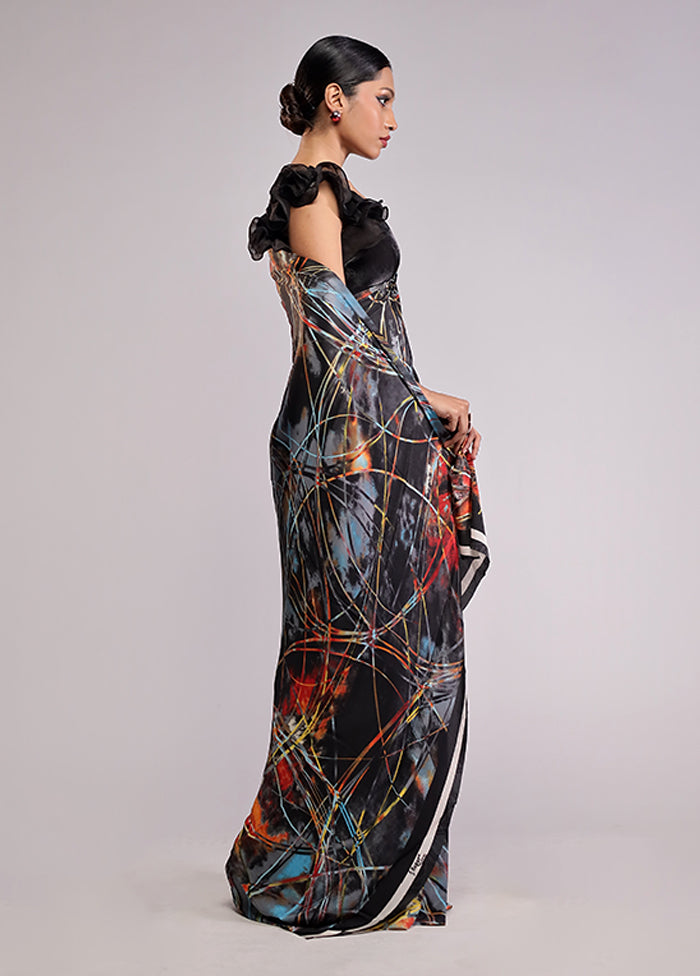 Black Printed Silk Saree Without Blouse Piece