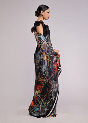 Black Printed Silk Saree Without Blouse Piece