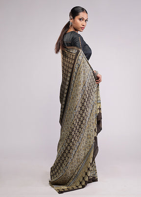 Brown Printed Silk Saree Without Blouse Piece