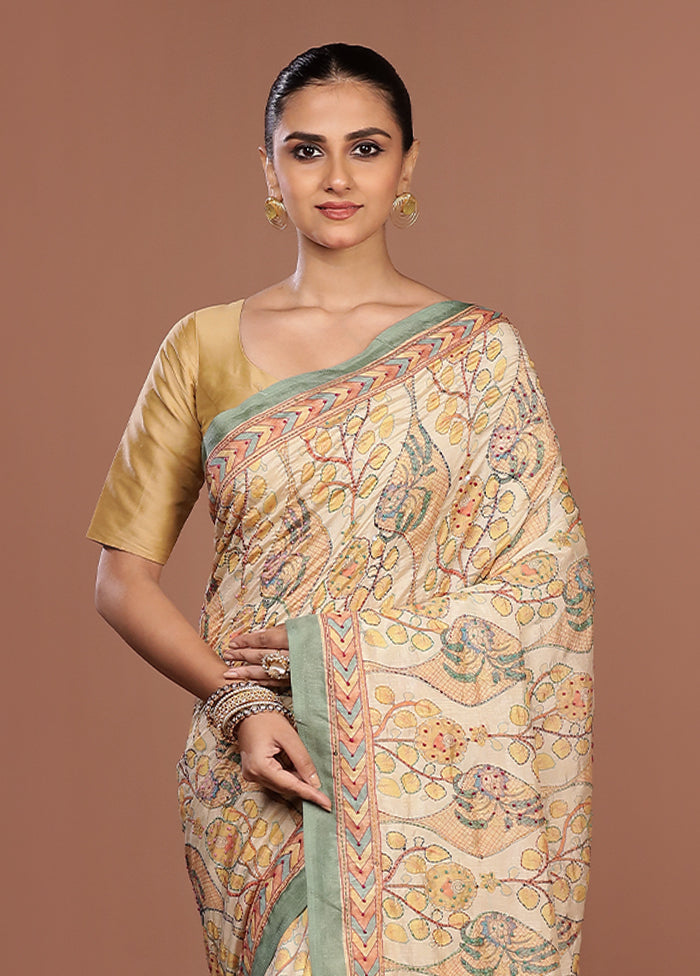 Cream Dupion Silk Saree With Blouse Piece