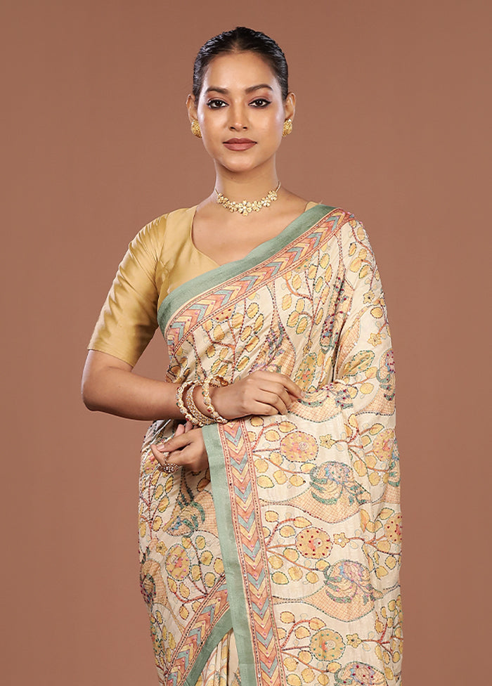 Cream Dupion Silk Saree With Blouse Piece