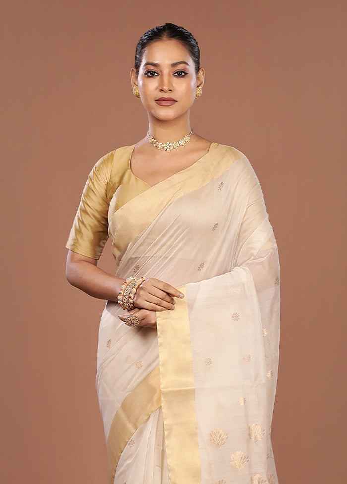 White Chanderi Silk Saree With Blouse Piece