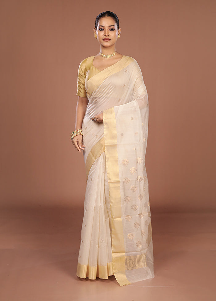 White Chanderi Silk Saree With Blouse Piece