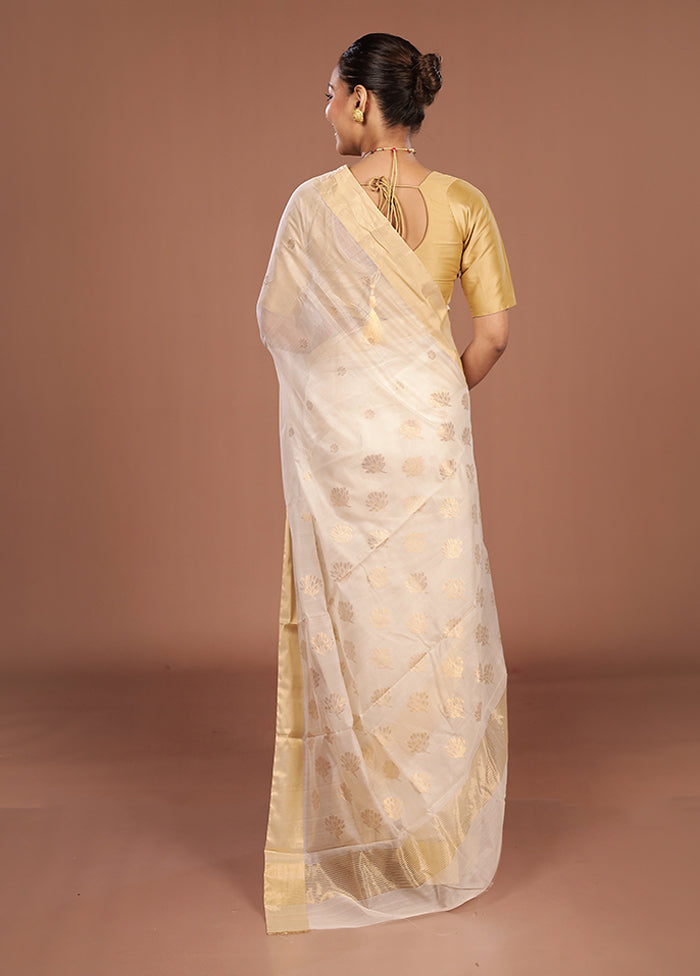 White Chanderi Silk Saree With Blouse Piece