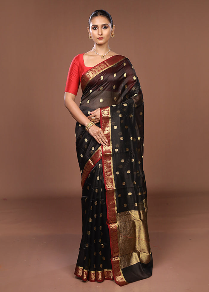 Black Handloom Chanderi Pure Silk Saree With Blouse Piece