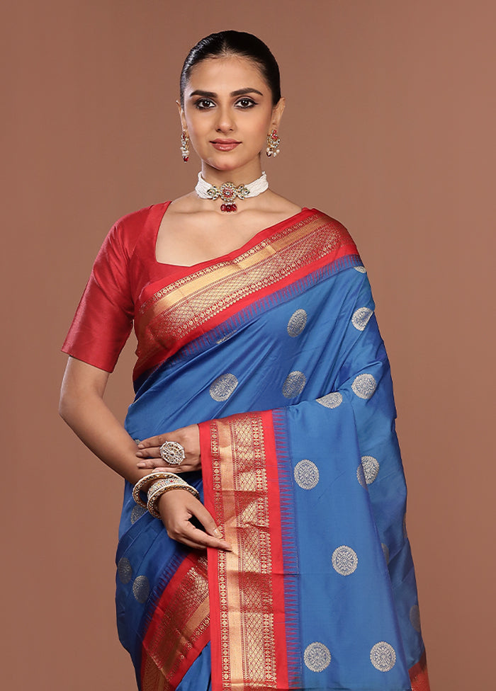 Blue Kanjivaram Silk Saree With Blouse Piece