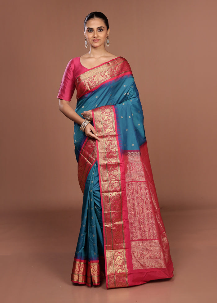 Blue Kanjivaram Silk Saree With Blouse Piece