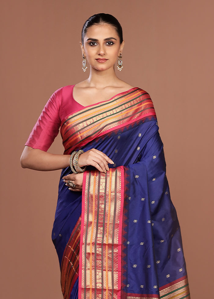 Blue Kanjivaram Silk Saree With Blouse Piece