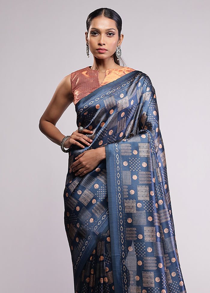 Blue Dupion Silk Saree With Blouse Piece