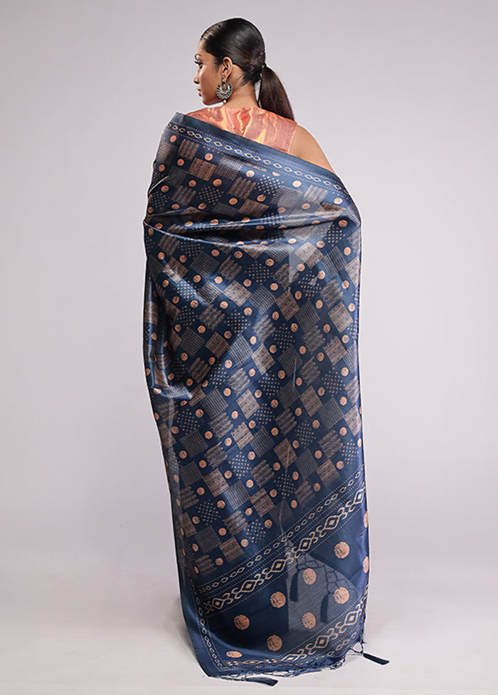 Blue Dupion Silk Saree With Blouse Piece