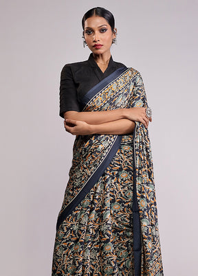 Blue Printed Silk Saree Without Blouse Piece