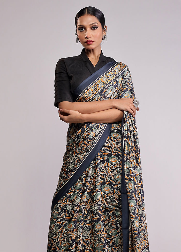 Blue Printed Silk Saree Without Blouse Piece