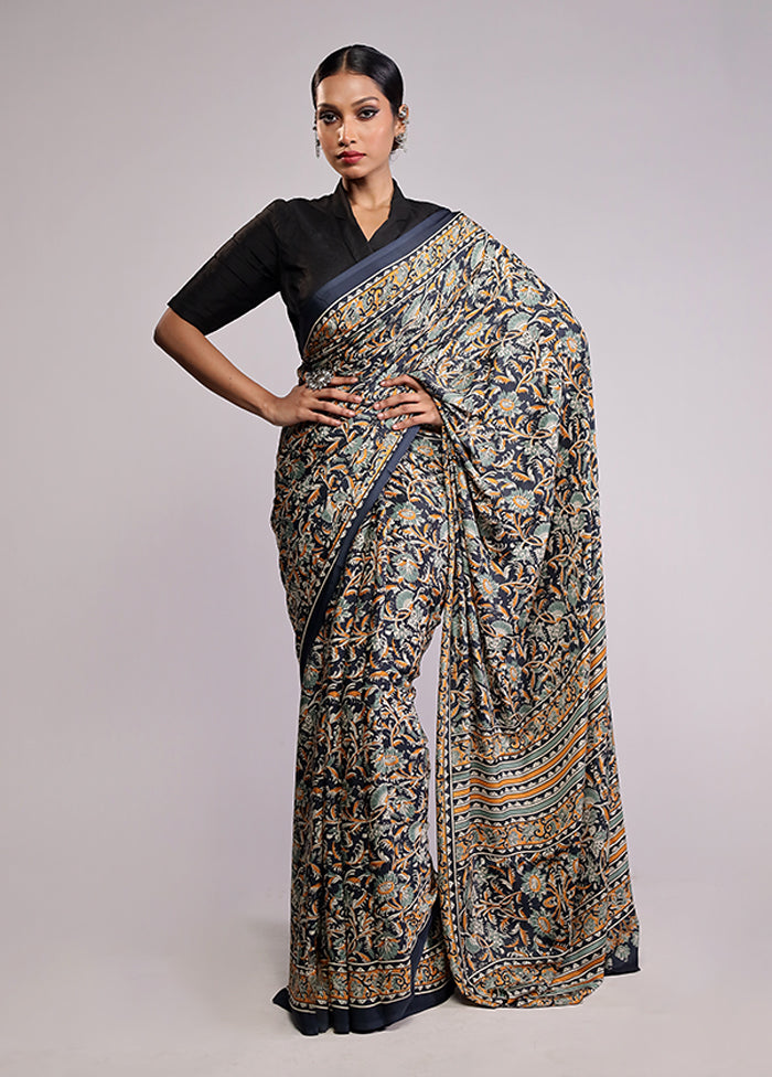 Blue Printed Silk Saree Without Blouse Piece