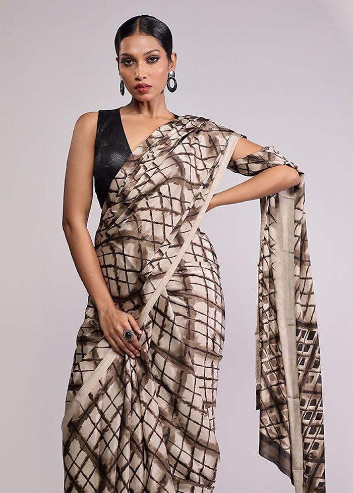 Cream Printed Silk Saree Without Blouse Piece