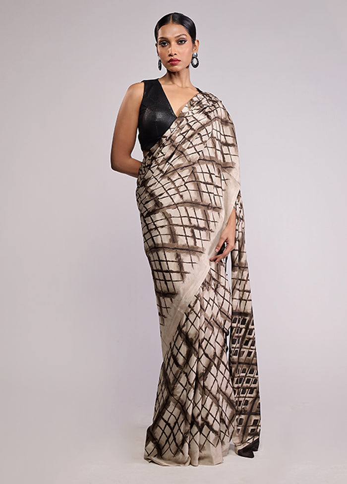 Cream Printed Silk Saree Without Blouse Piece