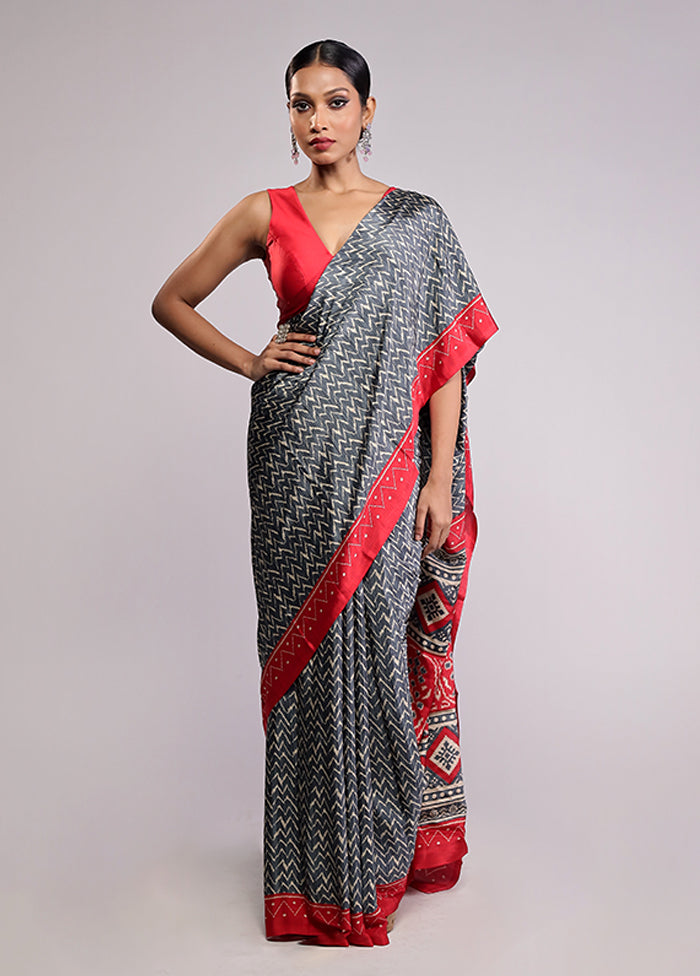Grey Printed Silk Saree Without Blouse Piece