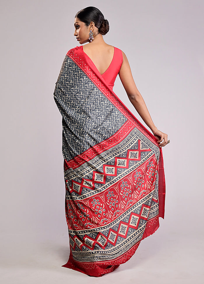 Grey Printed Silk Saree Without Blouse Piece