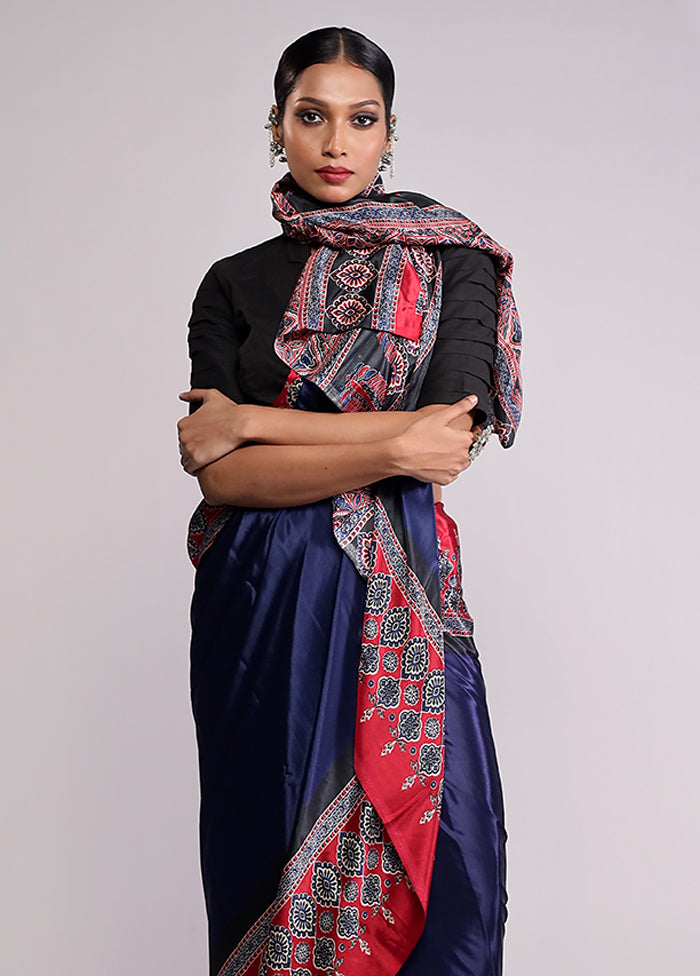 Blue Printed Silk Saree Without Blouse Piece