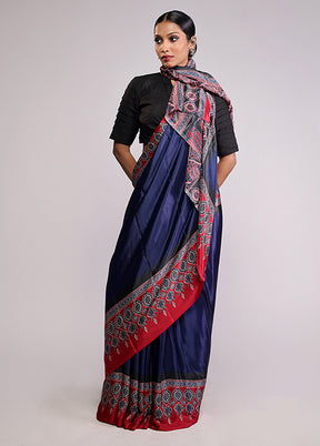 Blue Printed Silk Saree Without Blouse Piece