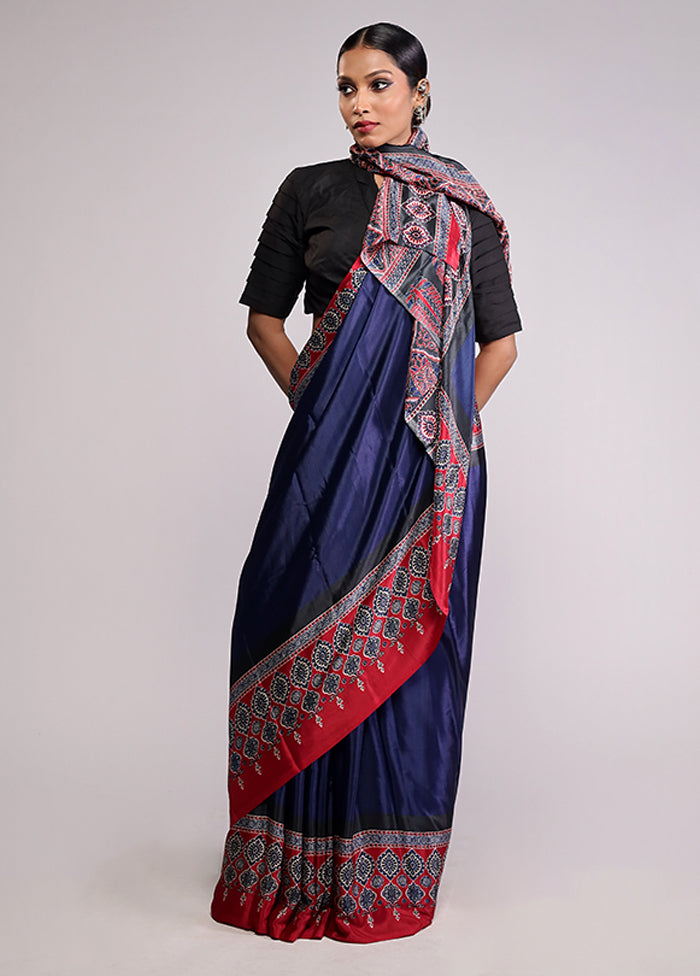 Blue Printed Silk Saree Without Blouse Piece