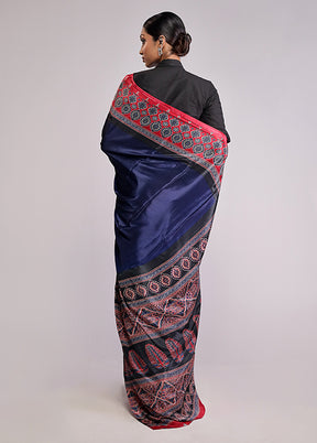 Blue Printed Silk Saree Without Blouse Piece