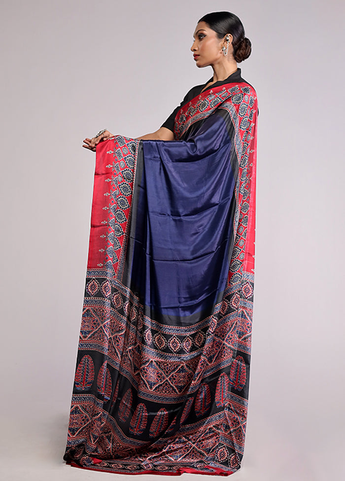Blue Printed Silk Saree Without Blouse Piece