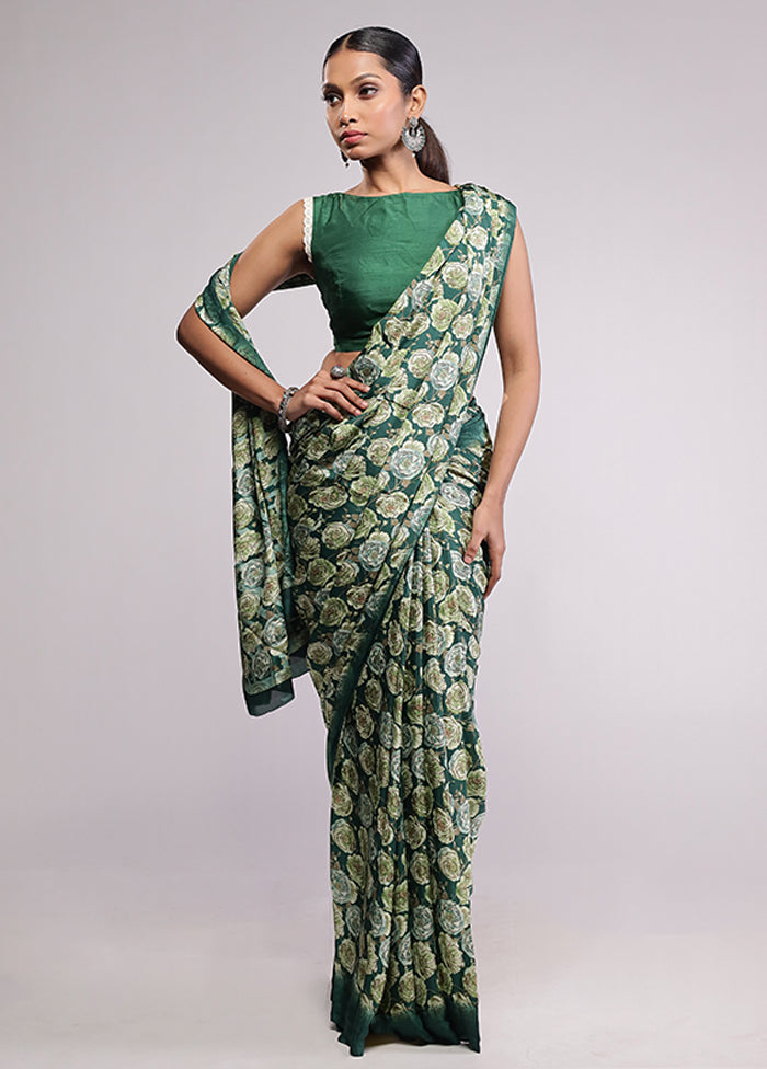 Green Printed Silk Saree Without Blouse Piece