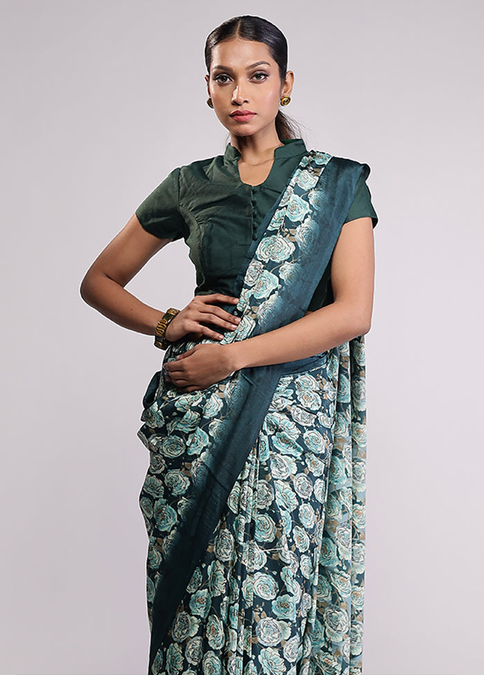 Green Printed Silk Saree Without Blouse Piece