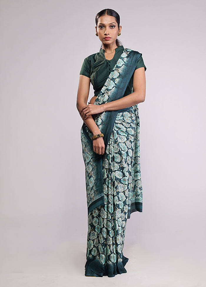 Green Printed Silk Saree Without Blouse Piece