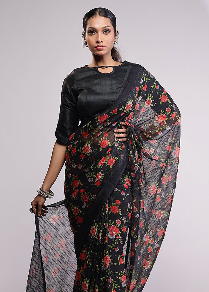 Black Chiffon Silk Saree With Blouse Piece