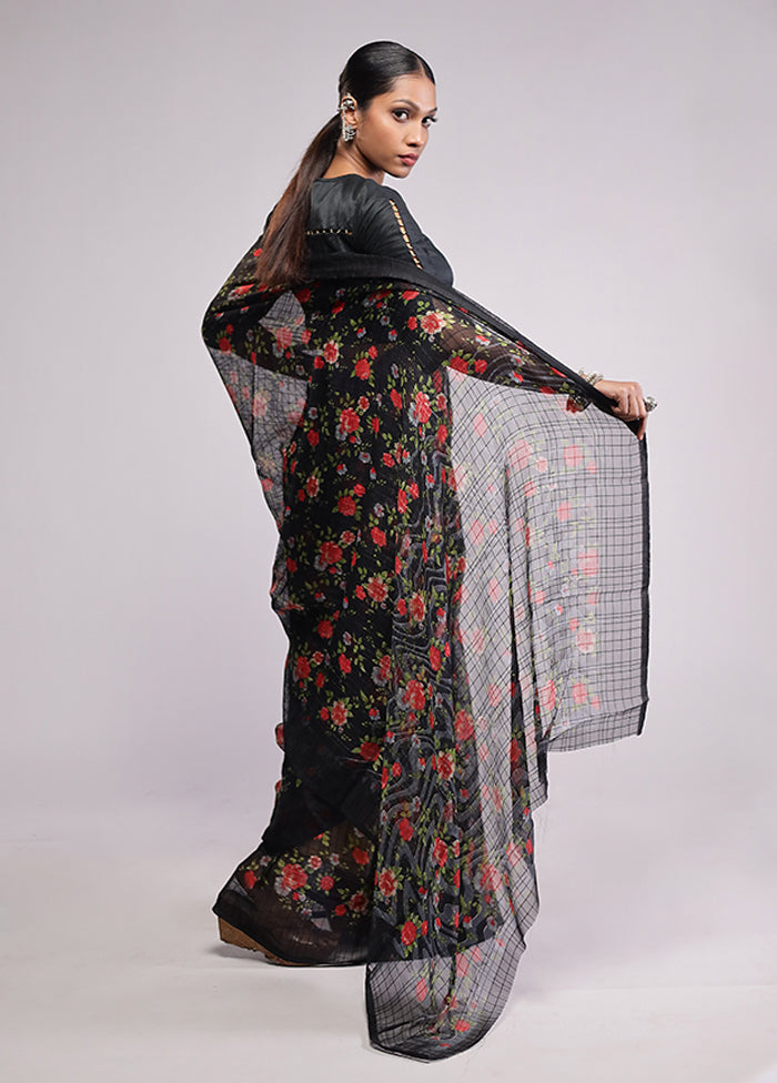 Black Chiffon Silk Saree With Blouse Piece