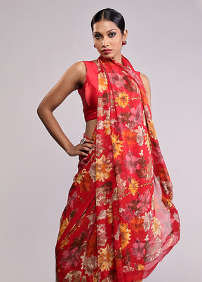 Red Chiffon Silk Saree With Blouse Piece