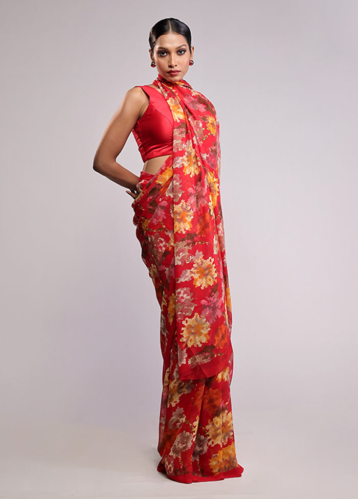 Red Chiffon Silk Saree With Blouse Piece