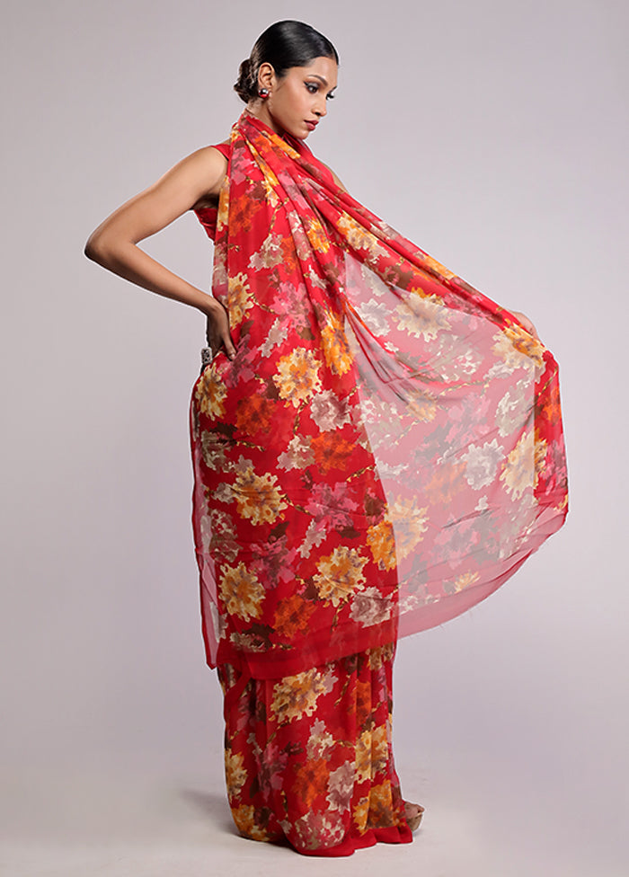 Red Chiffon Silk Saree With Blouse Piece