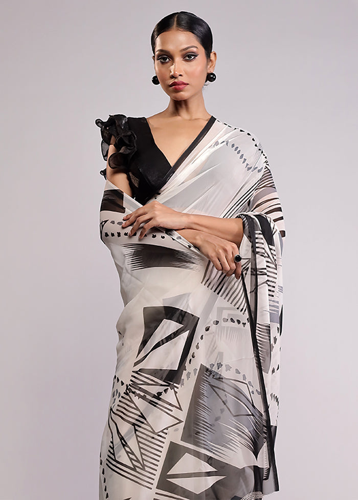 White Chiffon Silk Saree With Blouse Piece