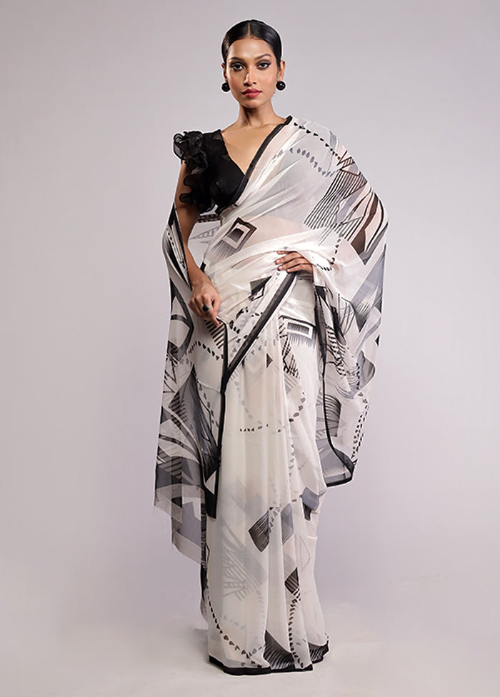 White Chiffon Silk Saree With Blouse Piece