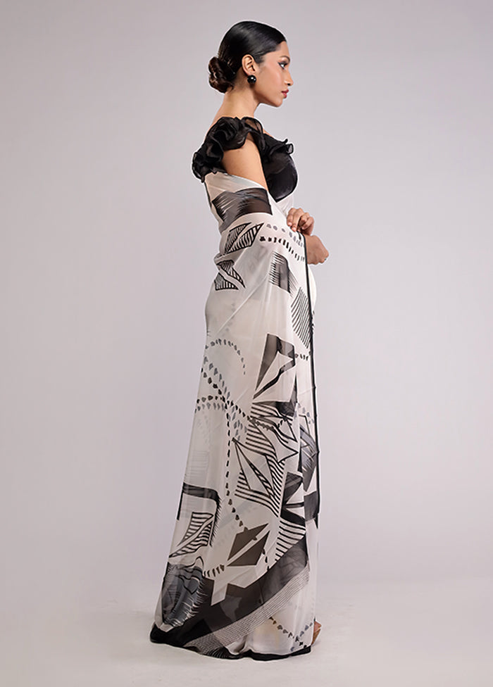 White Chiffon Silk Saree With Blouse Piece