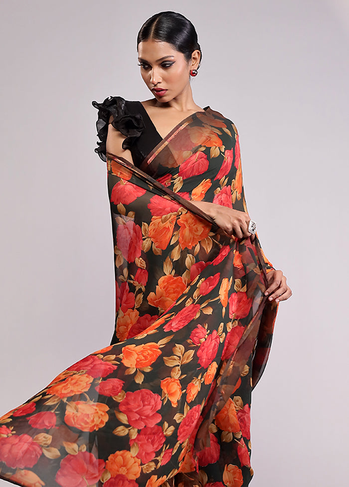 Green Chiffon Silk Saree With Blouse Piece