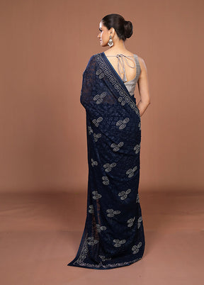Blue Chiffon Silk Saree With Blouse Piece