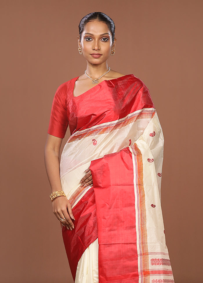 White Garad Pure Silk Saree Without Blouse Piece