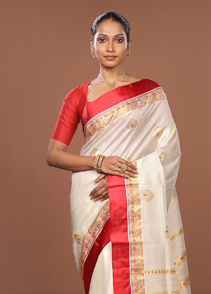 White Garad Pure Silk Saree Without Blouse Piece
