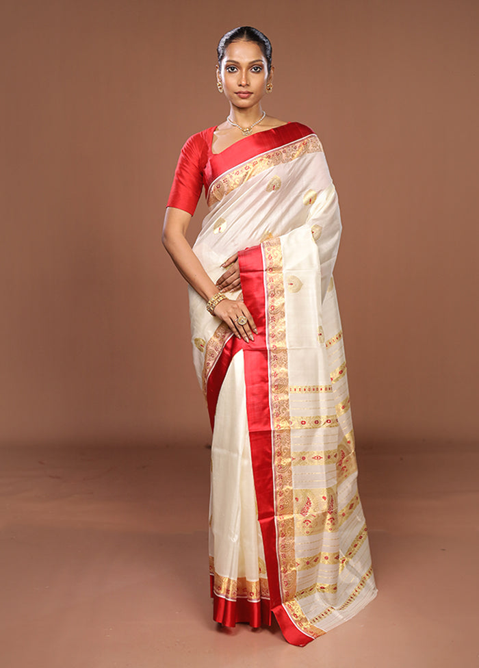 White Garad Pure Silk Saree Without Blouse Piece