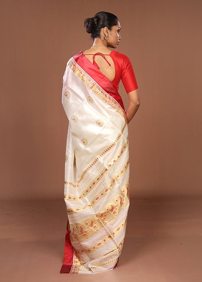 White Garad Pure Silk Saree Without Blouse Piece