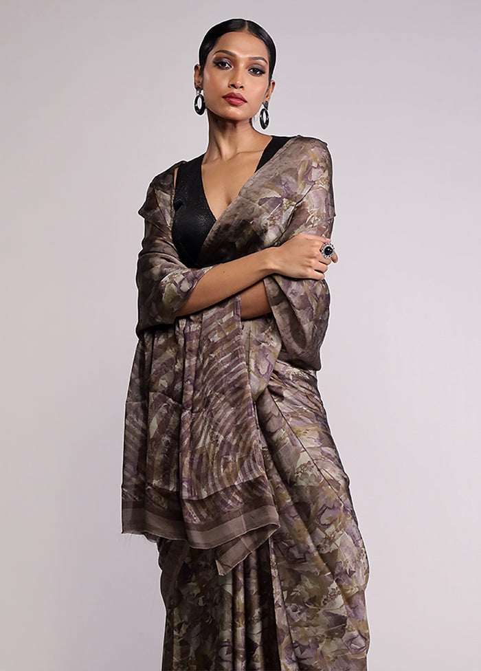 Grey Printed Silk Saree Without Blouse Piece