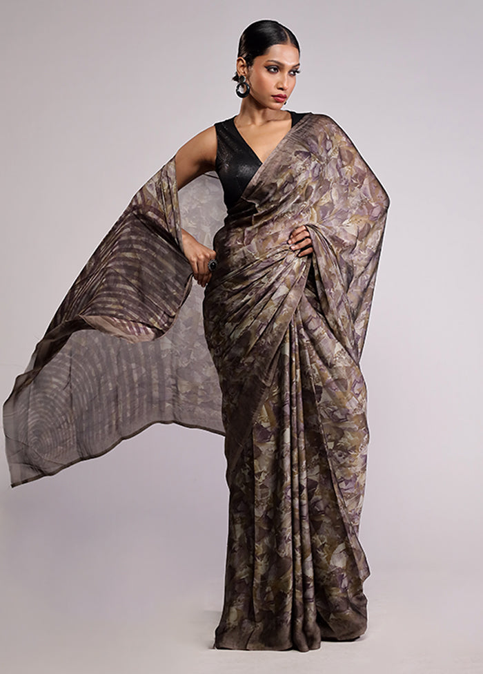 Grey Printed Silk Saree Without Blouse Piece