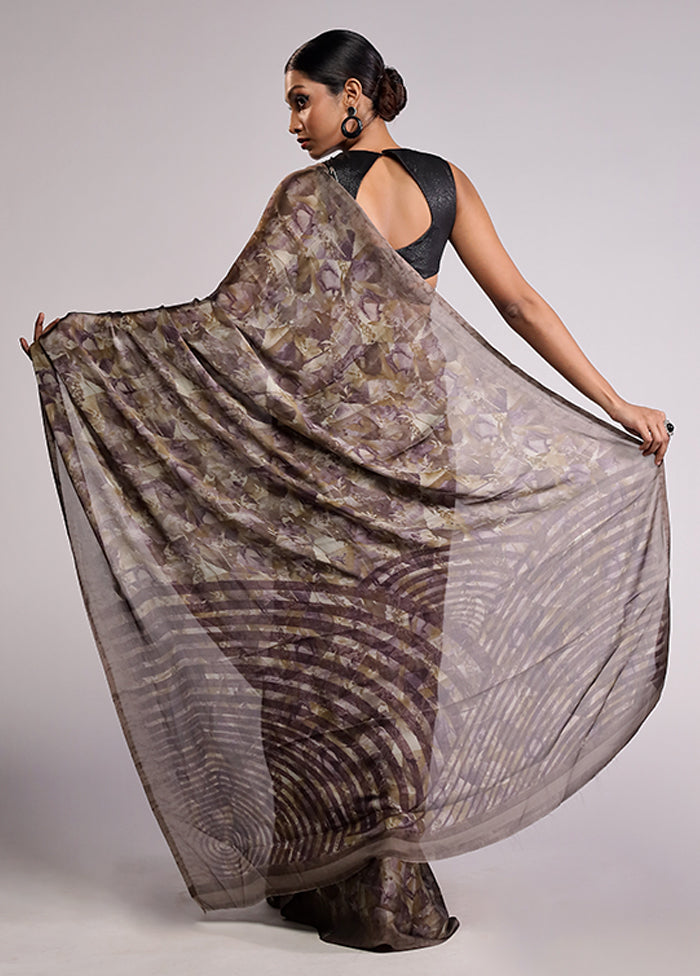 Grey Printed Silk Saree Without Blouse Piece