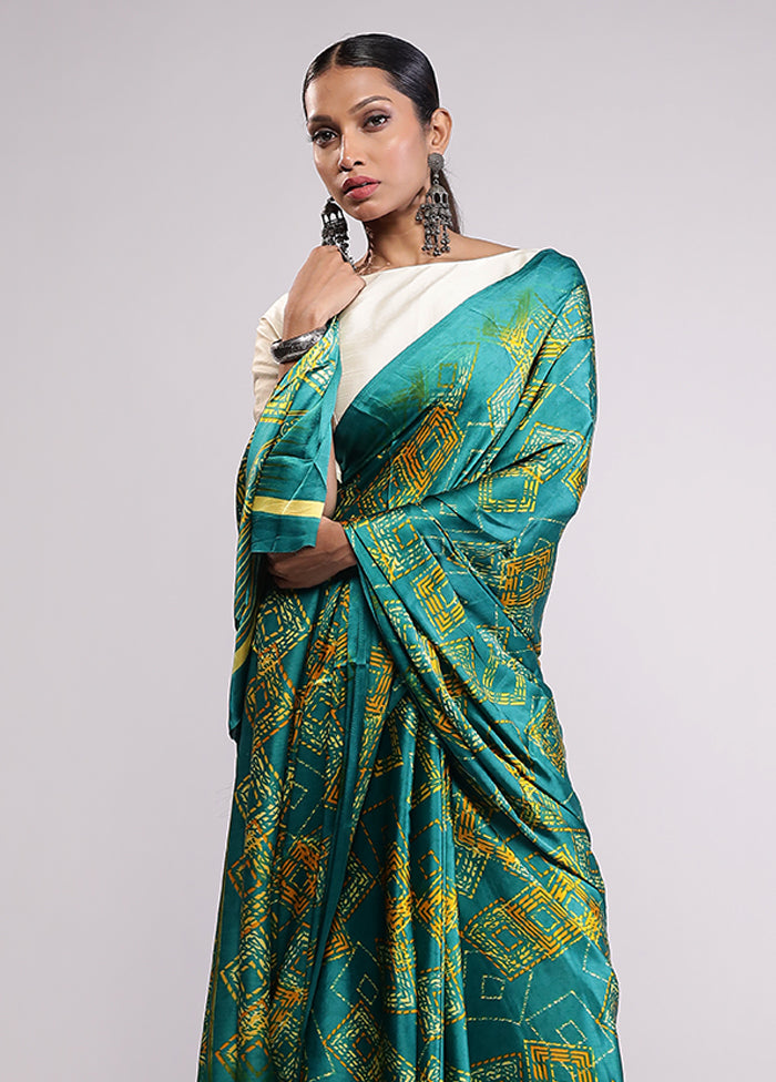 Green Printed Silk Saree Without Blouse Piece